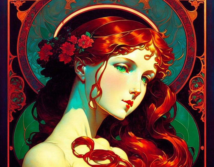 Art Nouveau style illustration: Woman with flowing red hair and red flowers on ornate teal and crimson