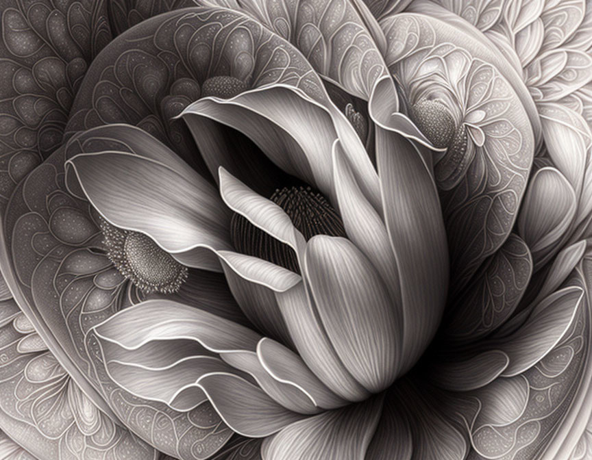 Detailed Monochrome Floral Illustration with Intricate Patterns