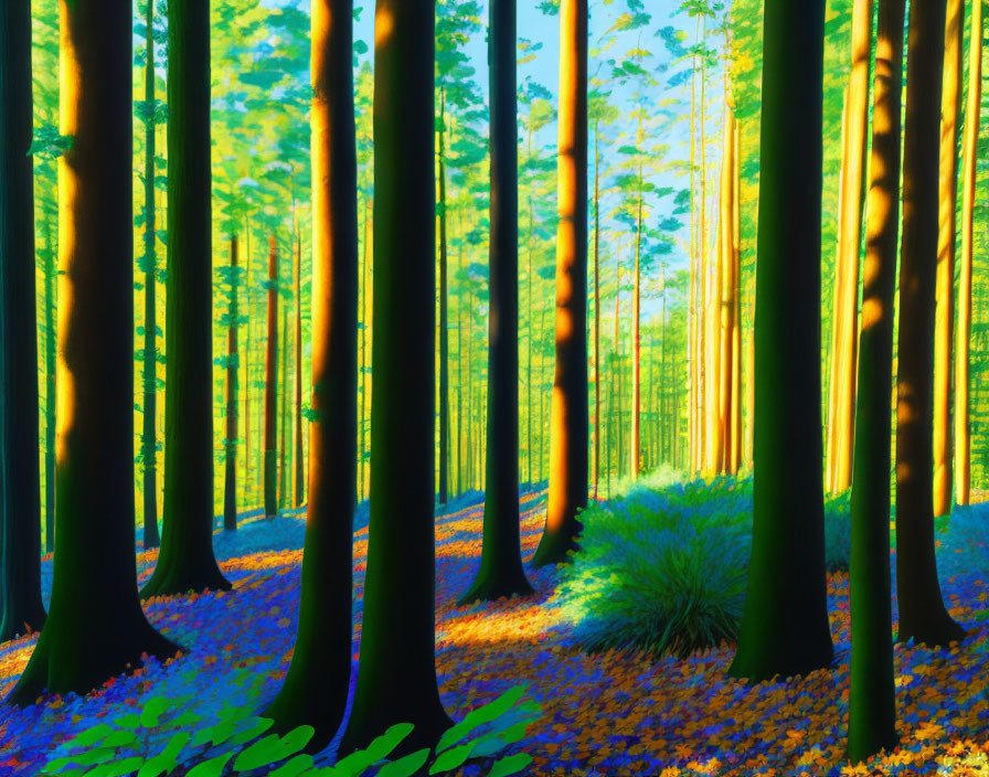 Colorful Forest Scene with Tall Trees and Fallen Leaves in Blue and Orange Light