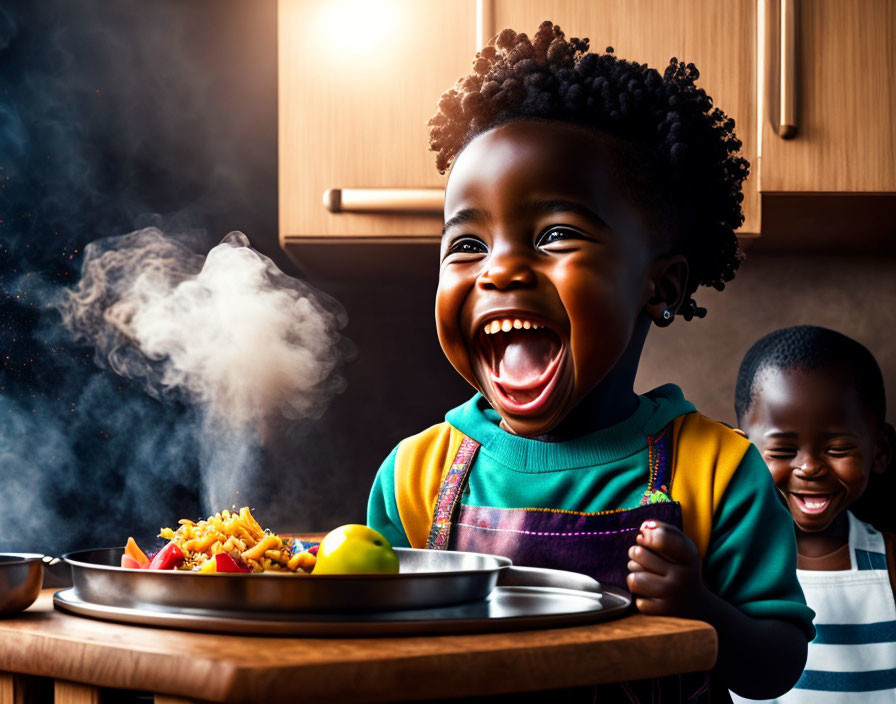 Two children in kitchen with apron, laughing by steaming colorful food