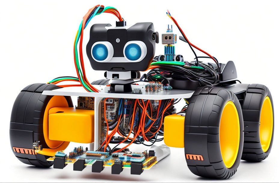 Colorful Educational Robot with Camera Head and Large Wheels on White Background