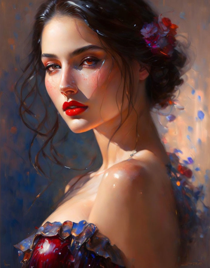 Portrait of Woman with Dark Hair and Flowers in Ethereal Glow