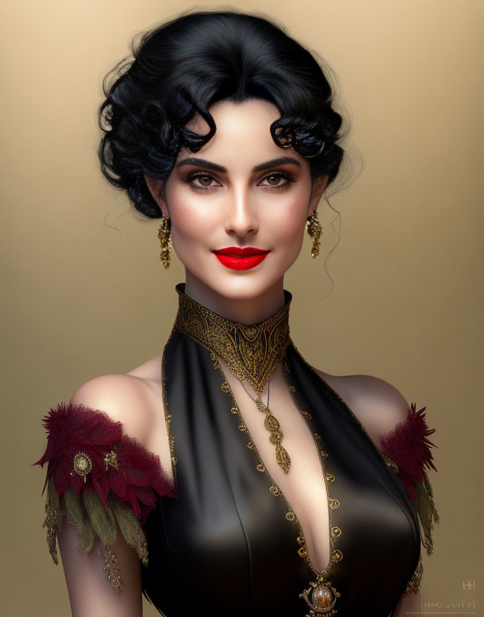 Stylized portrait of woman with dark hair, red lips, gold jewelry, black dress on neutral