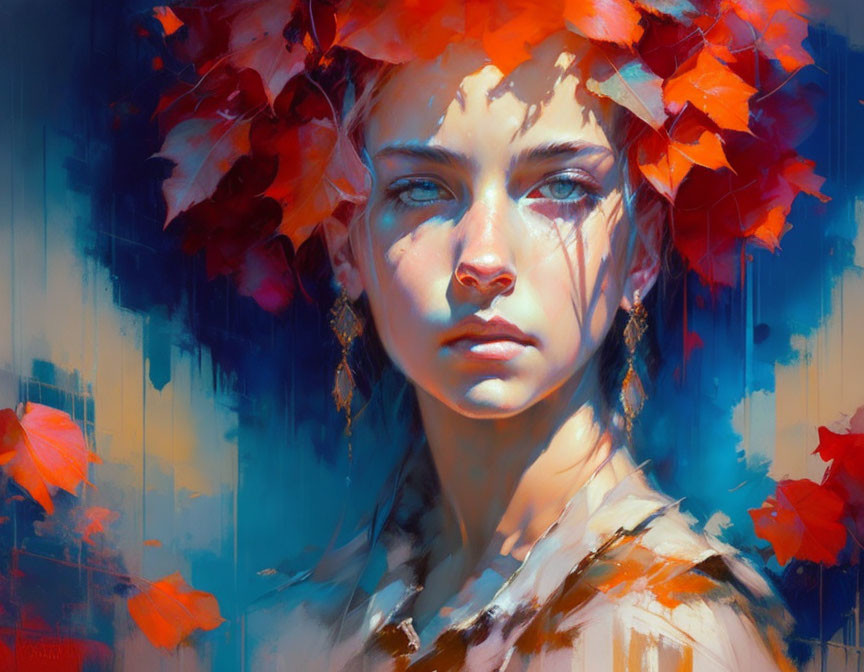 Vibrant painting of young woman with autumn leaves in hair