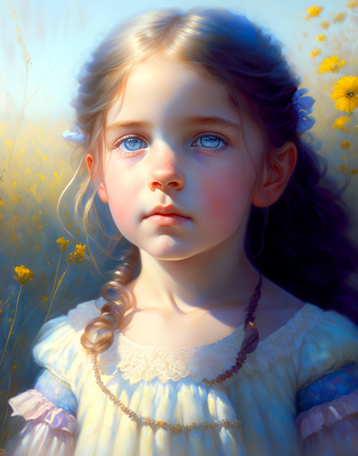 Young girl digital portrait with blue eyes, braided hair, and yellow flowers in sunlit setting