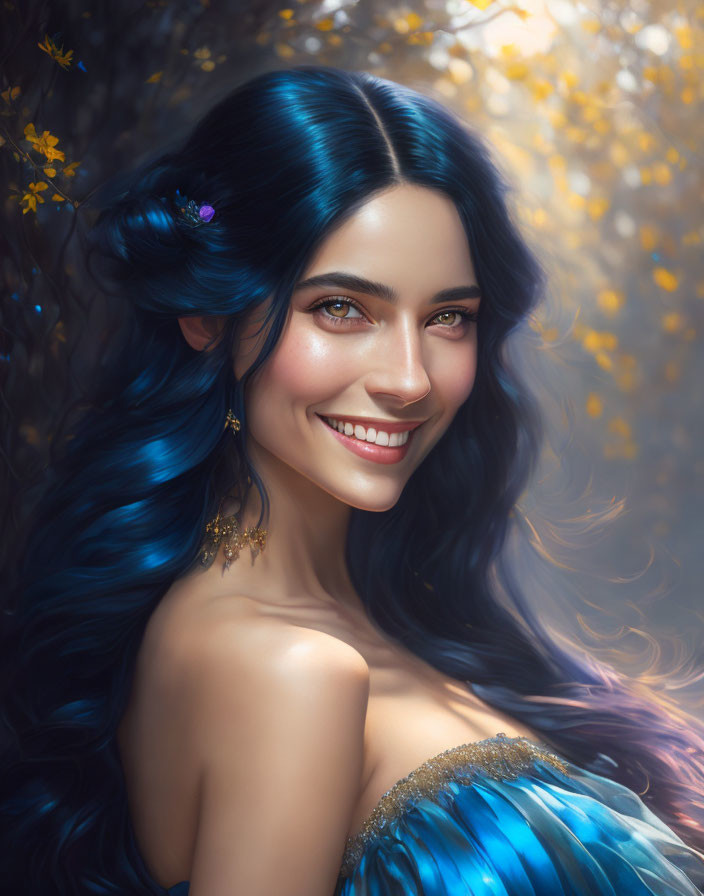 Smiling woman with blue hair and floral adornments against golden backdrop