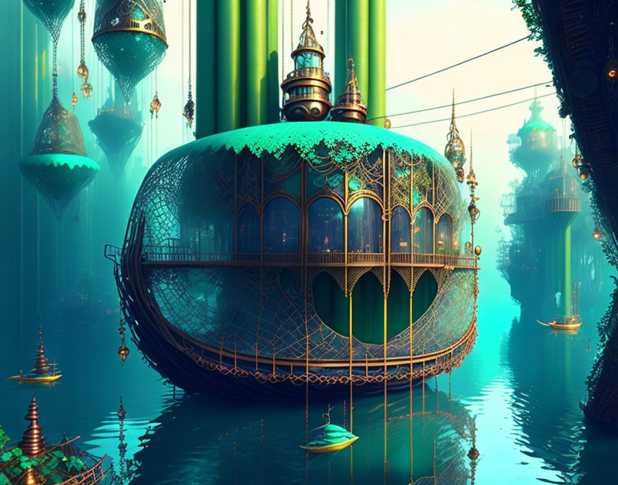 Ornate glowing underwater city with advanced and ancient architecture