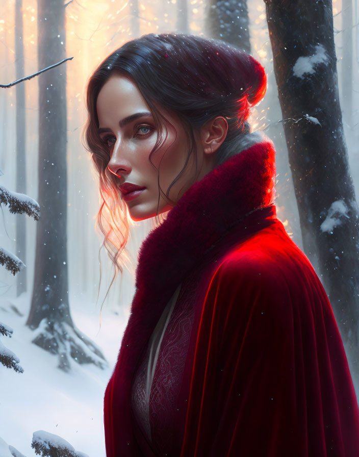 Dark-haired woman in red clothing in snowy forest with ethereal light.