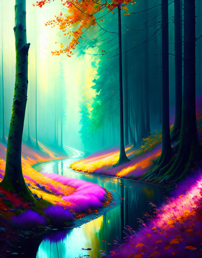 Colorful Forest with Winding Stream and Canopy Light Reflections