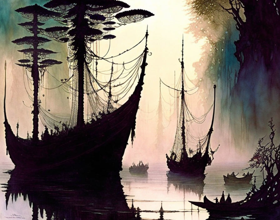 Silhouetted ships and trees in mystical, luminous blues and purples