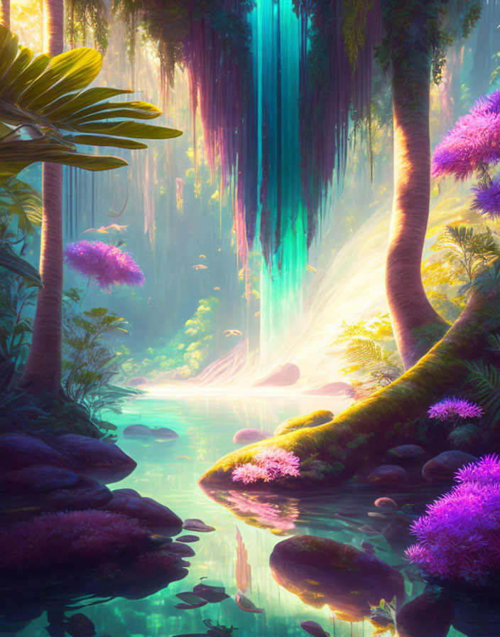 Luminous waterfalls and vivid flora in fantastical jungle