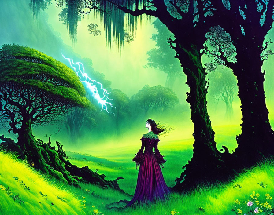 Woman in Purple Dress in Vibrant Forest with Lightning