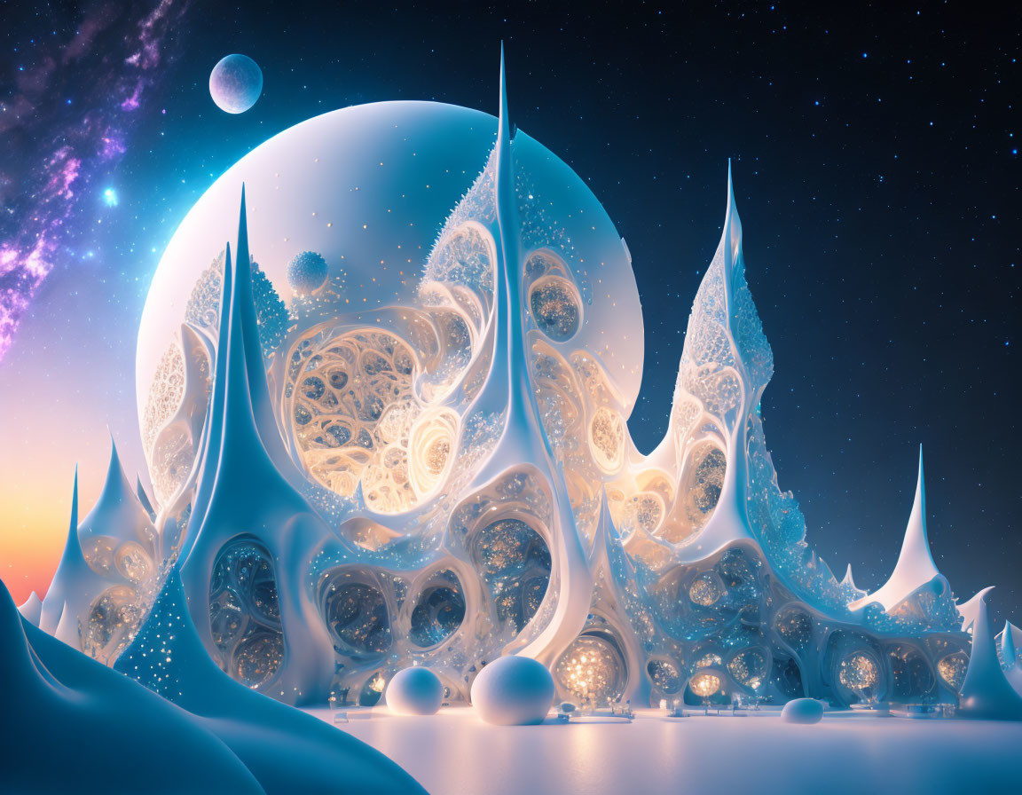 Surreal cosmic landscape with fractal architecture under starry sky