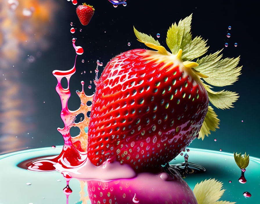 Ripe strawberry splashing in pink liquid on dark background