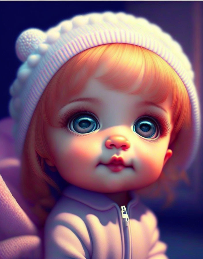 Digital artwork of doll-like child with blue eyes, red hair, white beanie, pink jacket,