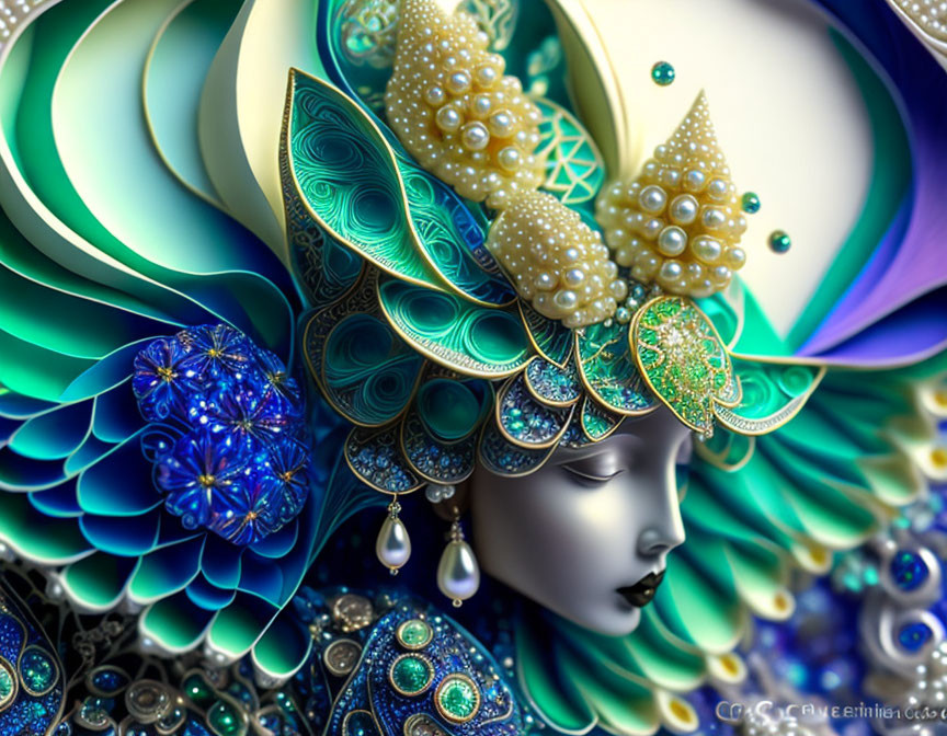 Serene female figure in vibrant blues, greens, and golds