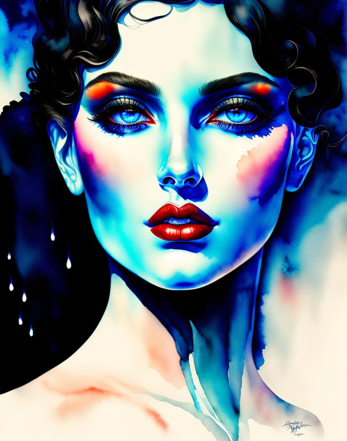 Colorful digital portrait of a woman with blue skin and red lips on dark background with watercolor effect