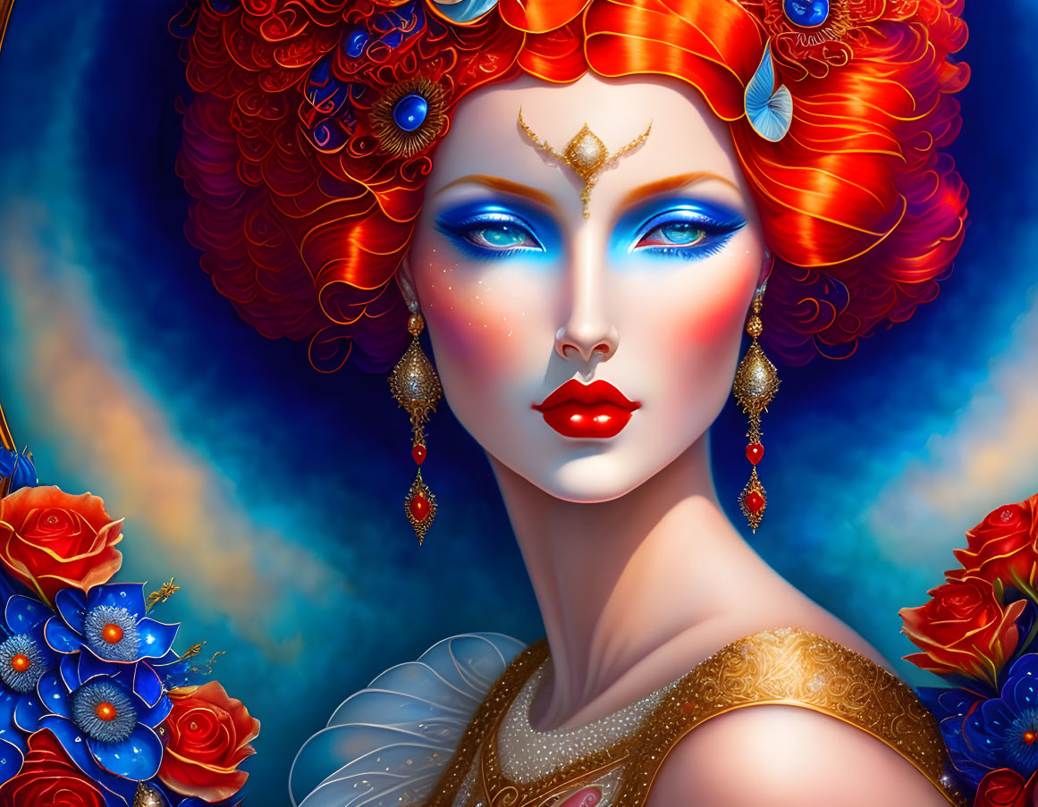 Vibrant red-haired woman with gold jewelry and blue makeup amidst blue roses on blue background