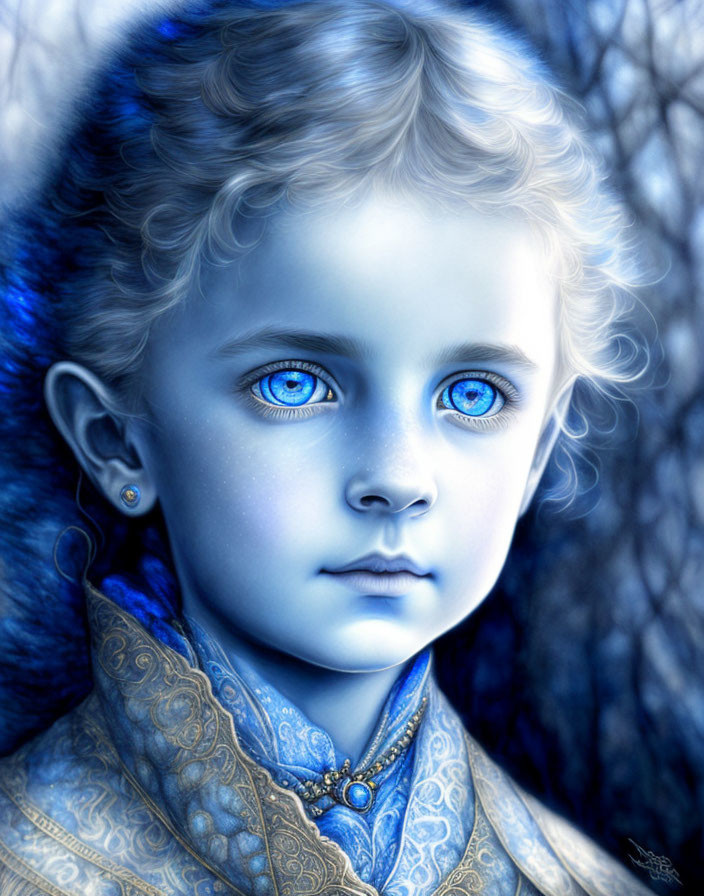 Portrait of young child with blue eyes and curly hair on blue background