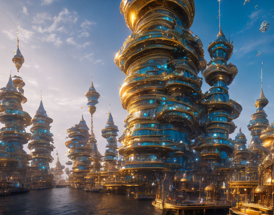 Golden futuristic cityscape with spiraling towers and floating structures above serene waterway