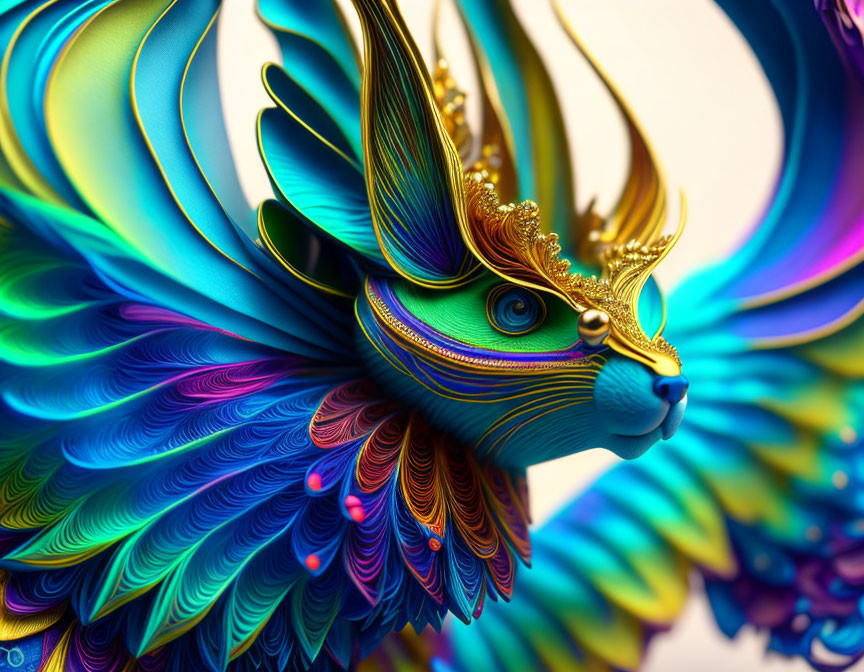 Colorful digital artwork: Mythical bird with intricate feathers and golden mask.