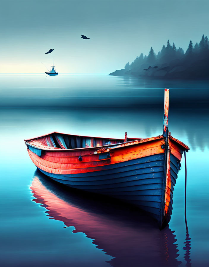 Tranquil red and blue boat on calm water at dawn or dusk with distant sailboat, birds