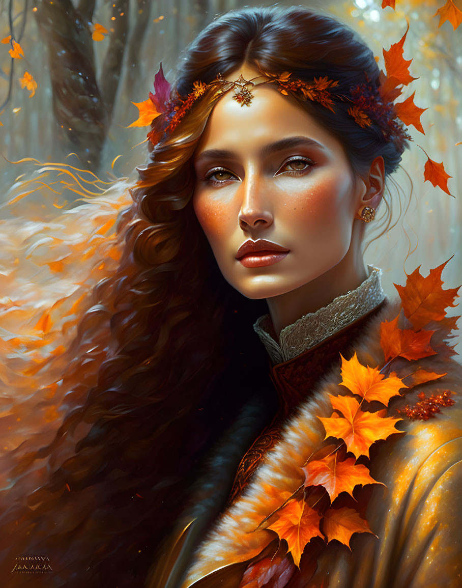 Woman with Long, Wavy Hair and Autumn Leaves in Fall Foliage