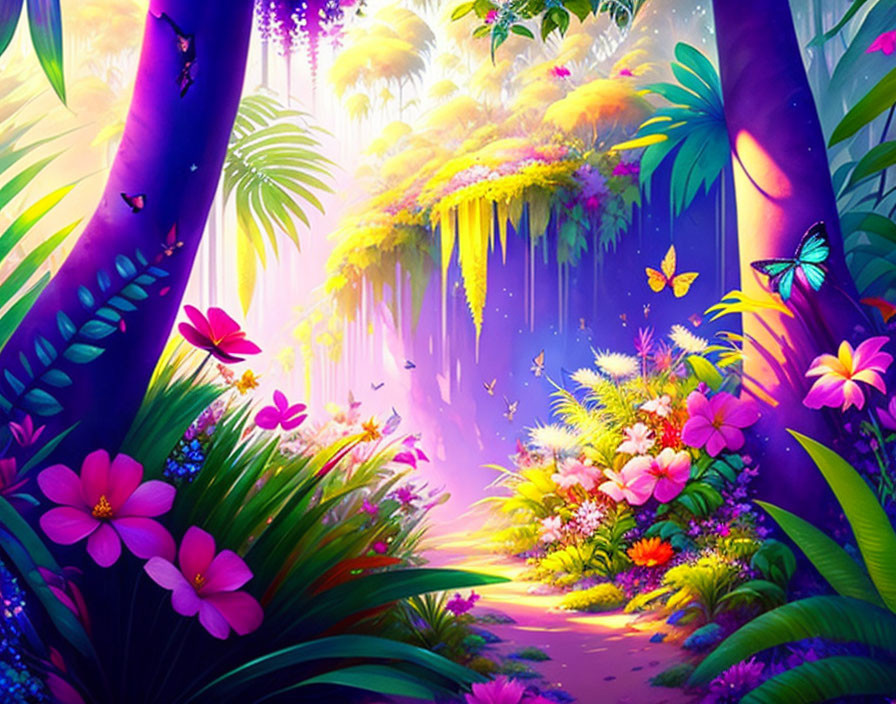 Vibrant forest with purple trees, lush flowers, hanging vines, butterflies, and glowing pathway