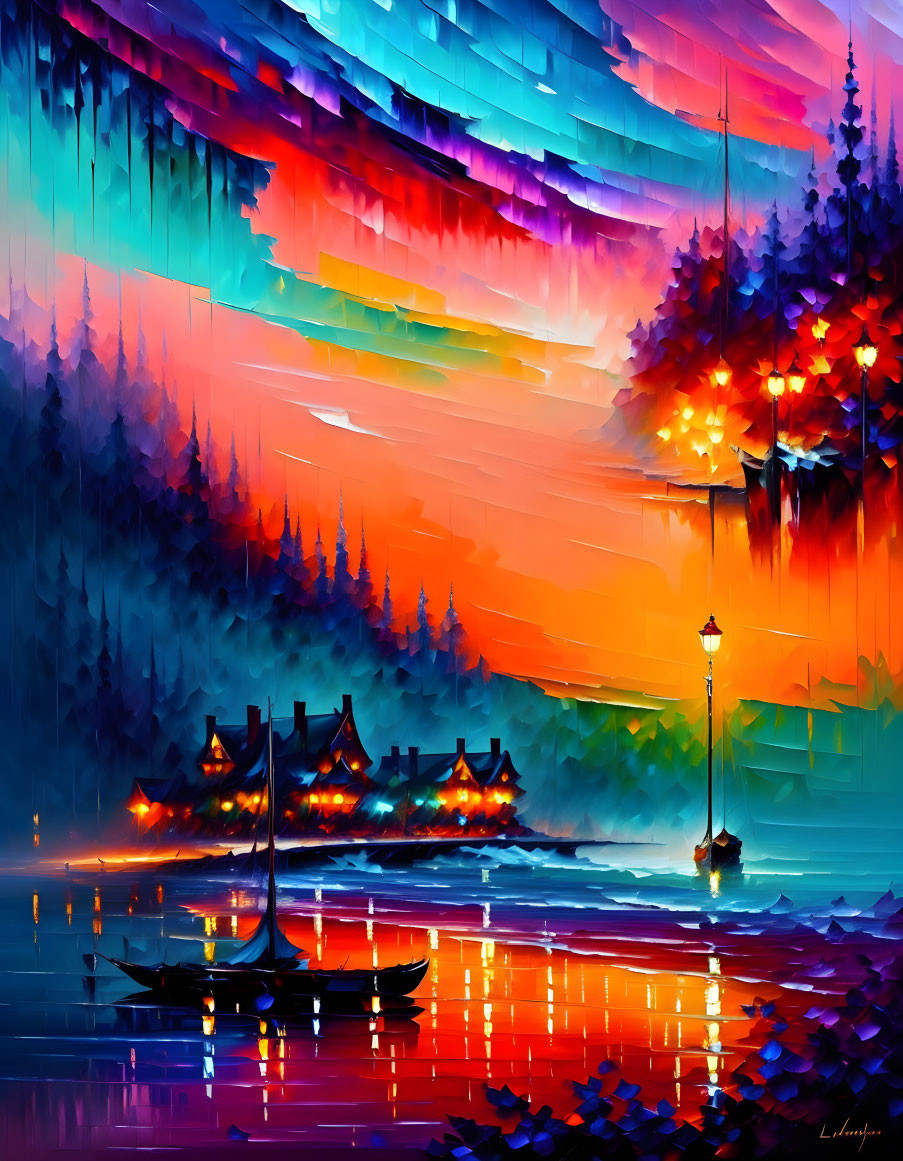 Colorful Lakeside Twilight Scene with Boats and Silhouetted Trees