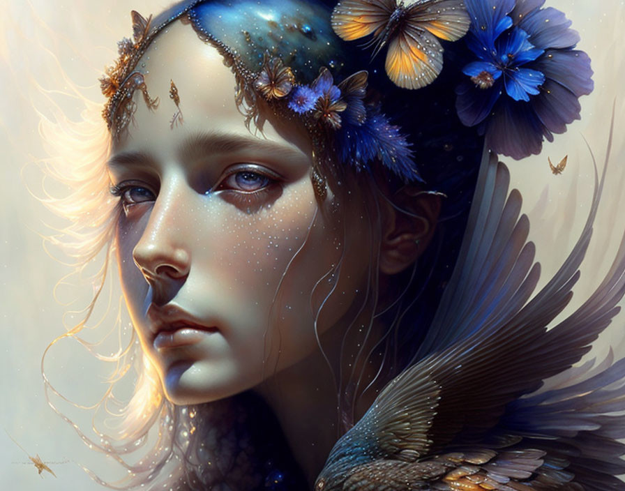 Surreal portrait featuring woman with blue flowers, butterflies, freckles, and bird wings