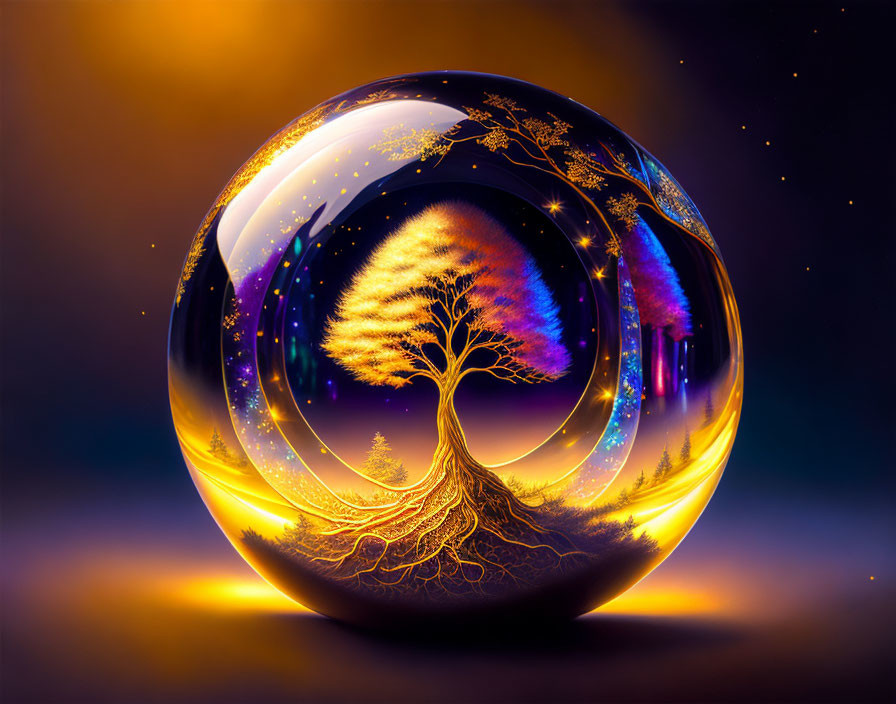 Colorful digital artwork: Glowing tree in sphere on starry backdrop