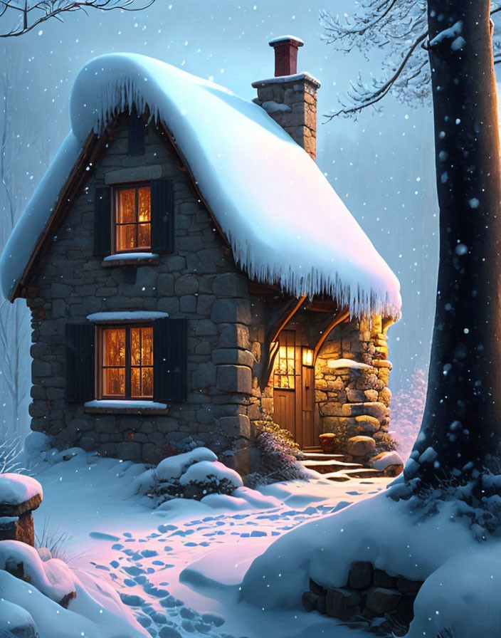 Snowy Thatched Stone Cottage in Twilight Snowfall