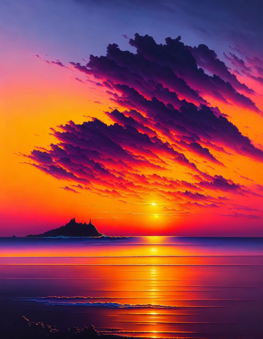 Vibrant purple and orange sunset over ocean with dramatic clouds reflected on water