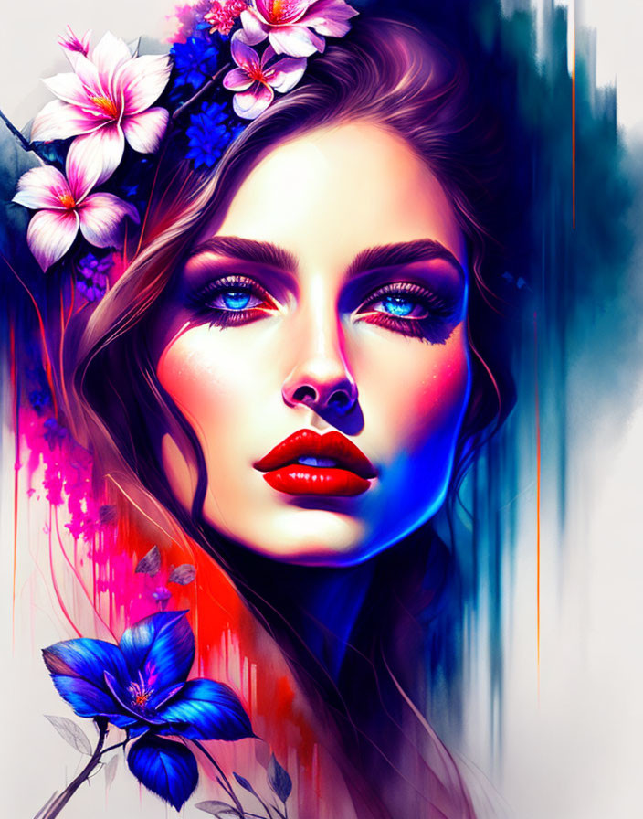 Colorful digital artwork: Woman with flowing hair amidst vibrant flowers