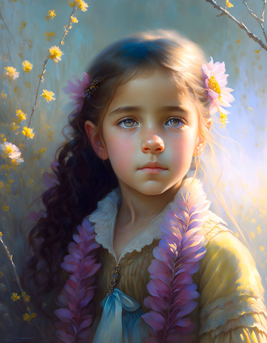 Young girl in yellow dress with wavy hair and pink flowers, surrounded by golden light and blooms