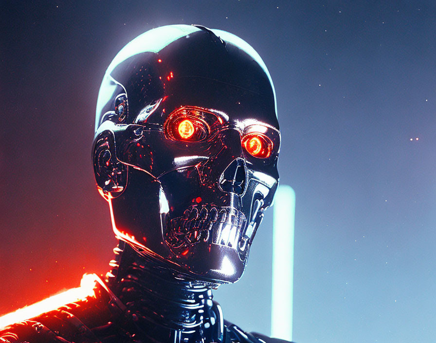 Shiny black robot with intense red eyes in sci-fi setting