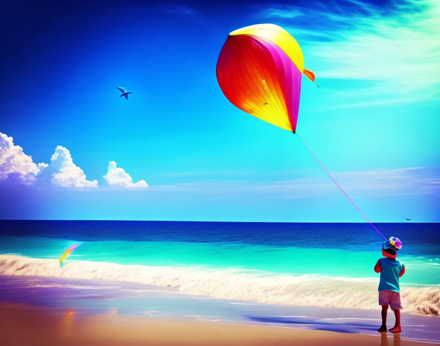 Colorful kite flying on vibrant beach with turquoise sea and bird in blue sky