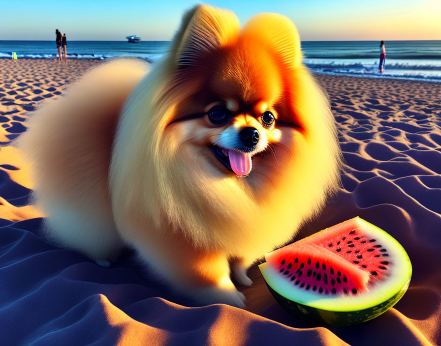 Fluffy Pomeranian Dog with Watermelon on Beach at Sunset