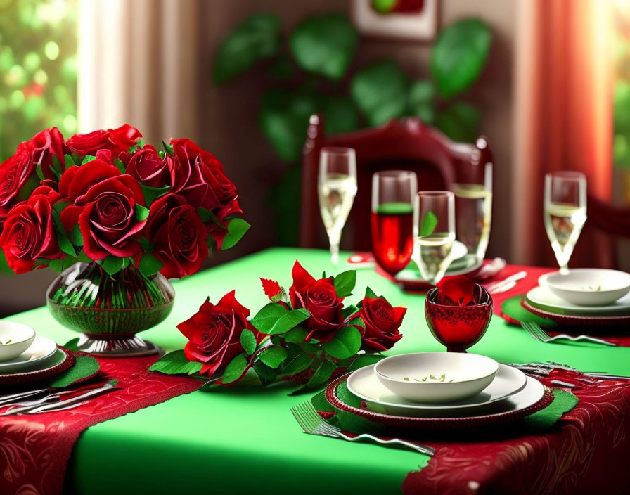 Sophisticated dining setup with red and green theme, roses centerpiece, crystal glasses, fine china.