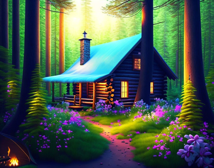 Lush forest scene with cozy log cabin, campfire, and purple flowers