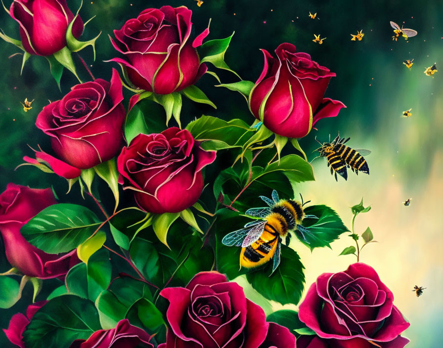 Red roses and bees in vibrant painting on green background