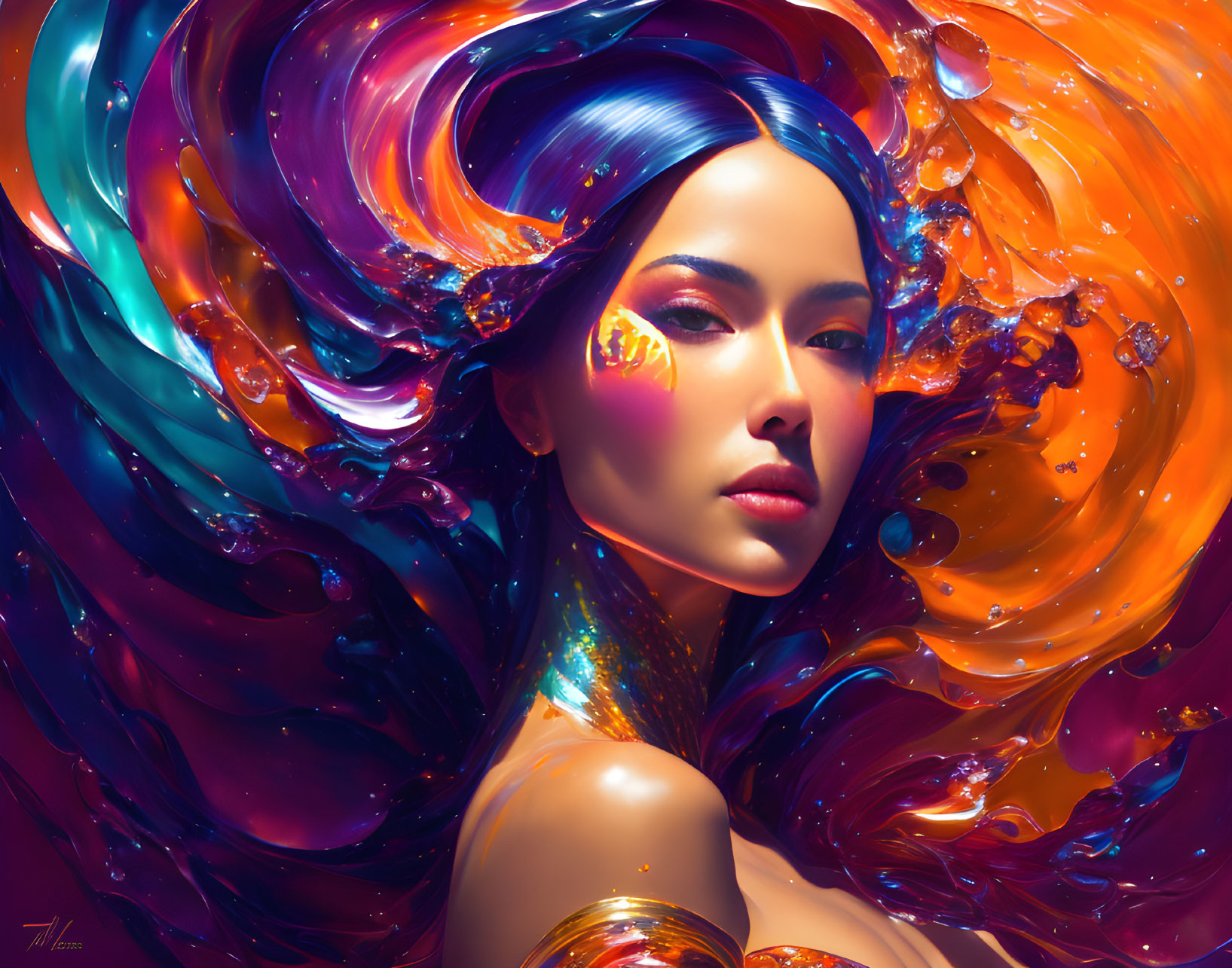 Colorful digital artwork: Woman surrounded by cosmic swirls.