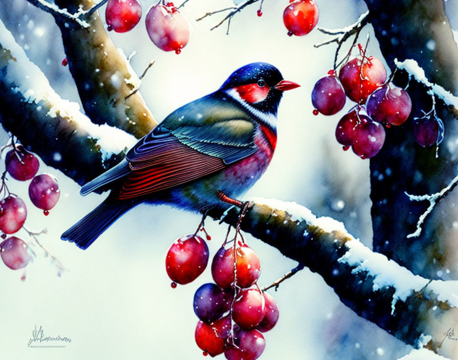 Colorful painting of red bird on snowy branch with berries