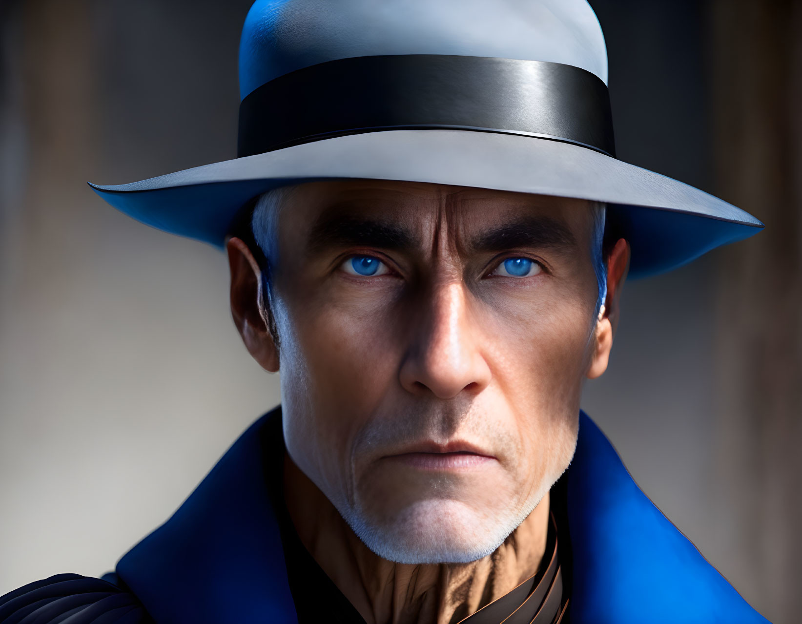 Man with Blue Eyes in Wide-Brimmed Hat and Blue Coat