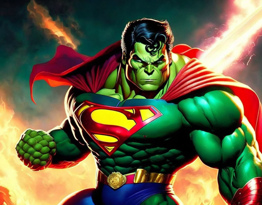 Muscular superhero with green skin and red cape against fiery background