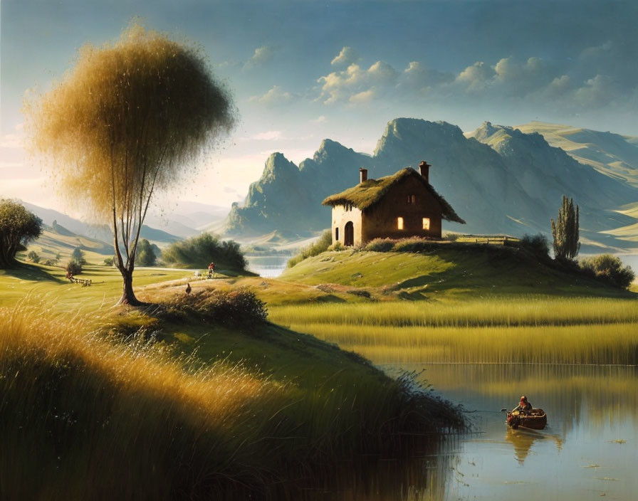 Tranquil countryside scene: thatched cottage, river, boat, greenery, hills, mountains