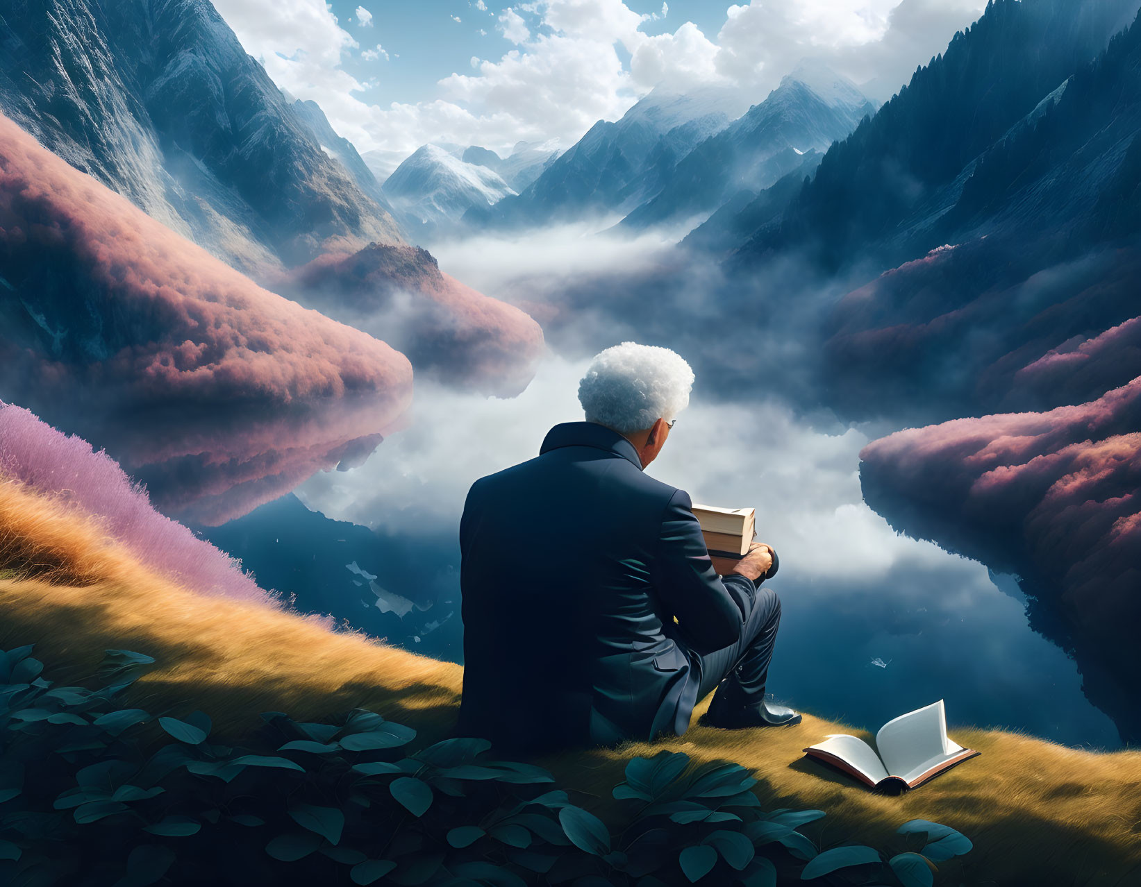 White-haired man in suit reads on cliff overlooking mystical mountain landscape