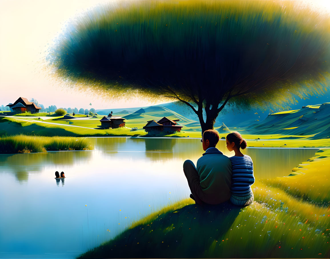 Couple sitting under large tree by serene lake with ducks and rolling hills