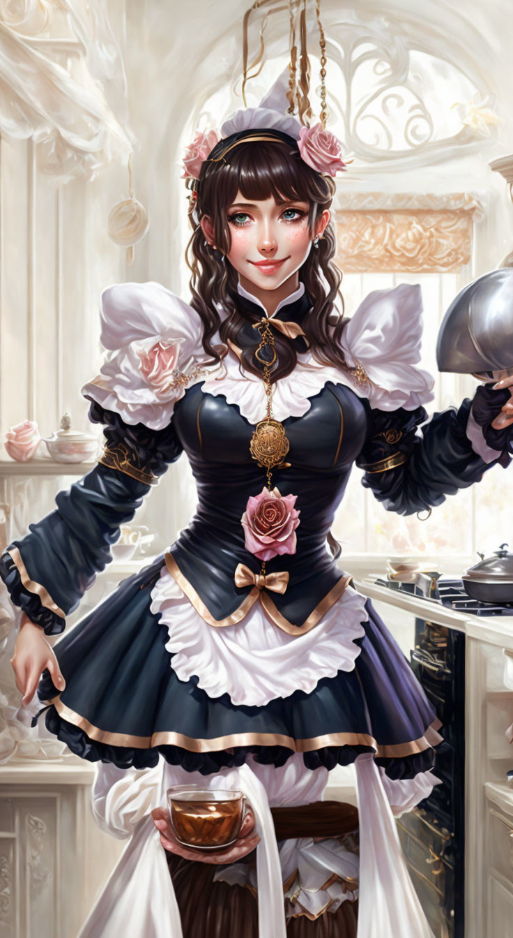 Maid in black-and-white uniform with gold accents holding silver cloche in elegant room