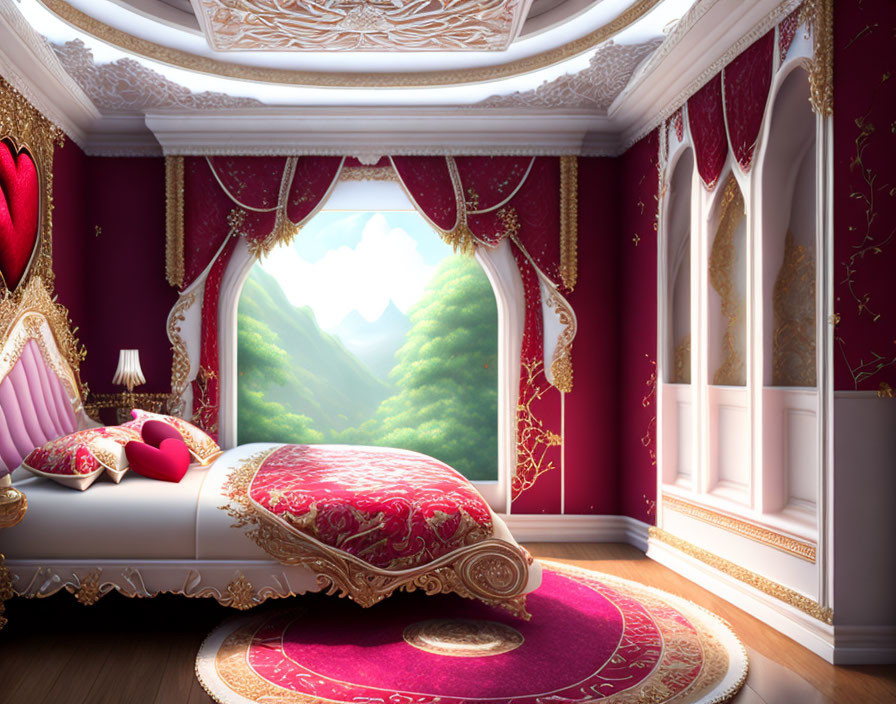 Luxurious Bedroom with Red and Gold Theme, Heart-shaped Headboard, Ornate Ceiling, Mountain View